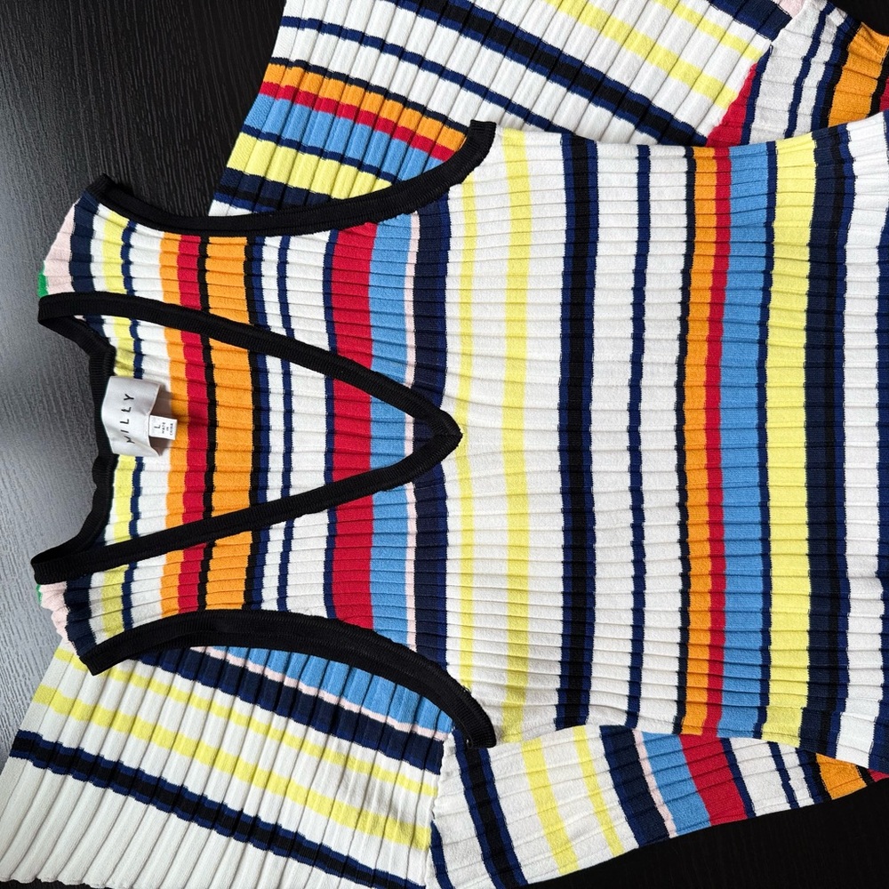 Milly Striped Knit Dress Asymmetrical Hem V Neck Multicolor Size L - Picture 11 of 13
